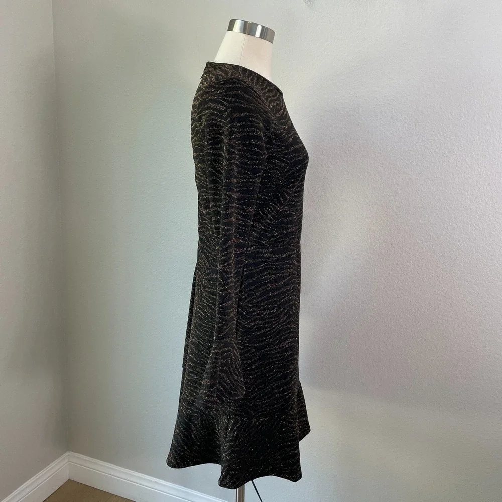 Michael Kors Womens Small Metallic Animal Print Flounce Hem Dress Long Sleeve‎